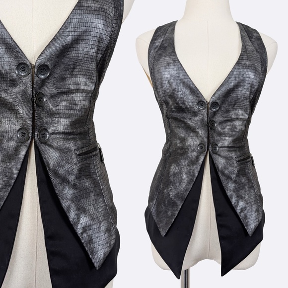 Guess Vest Waistcoat Faux Snake Sleeveless Button Up Textured Fitted - Picture 1 of 12